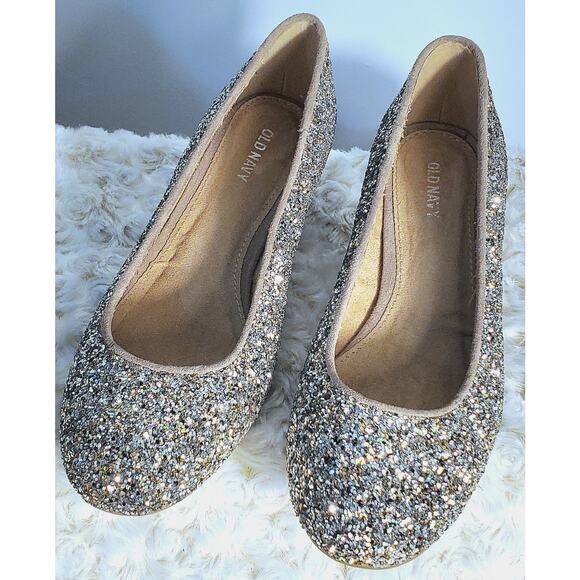 Old Navy Womens Silver Glitter Heels Size 7 Glam Holidays New Years Eve Boho - Picture 1 of 6
